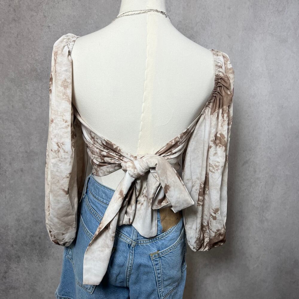 Taupe Western Strapless Cropped Blouse Tie Back Size Medium - Picture 2 of 5